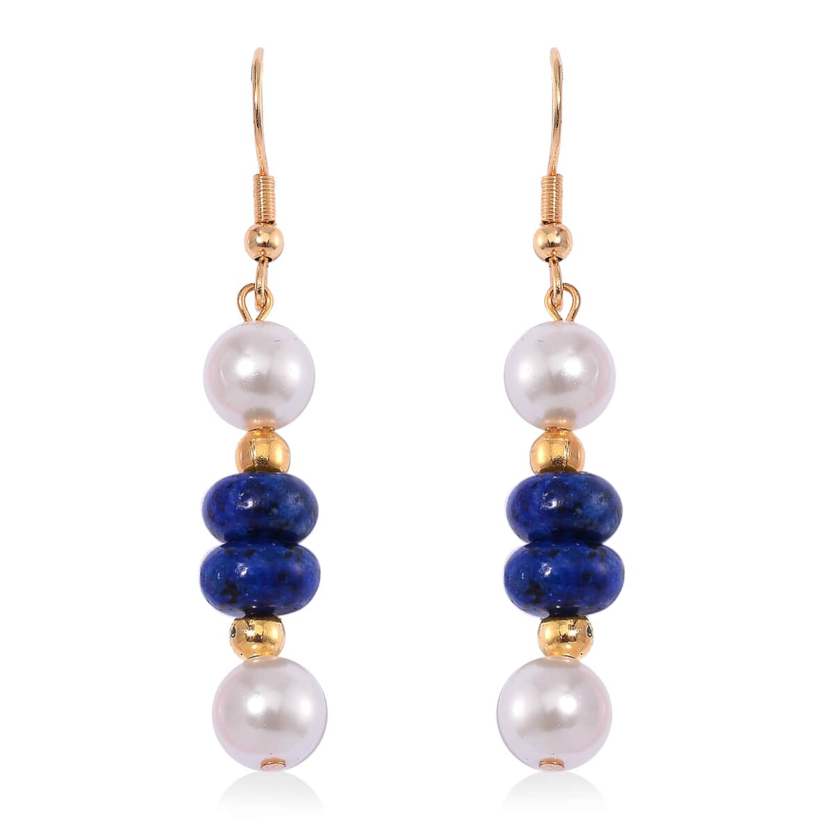 Lapis Lazuli 50.00 ctw and White Shell Pearl Bracelet (6.50-7.0In) and Earrings in Goldtone image number 4