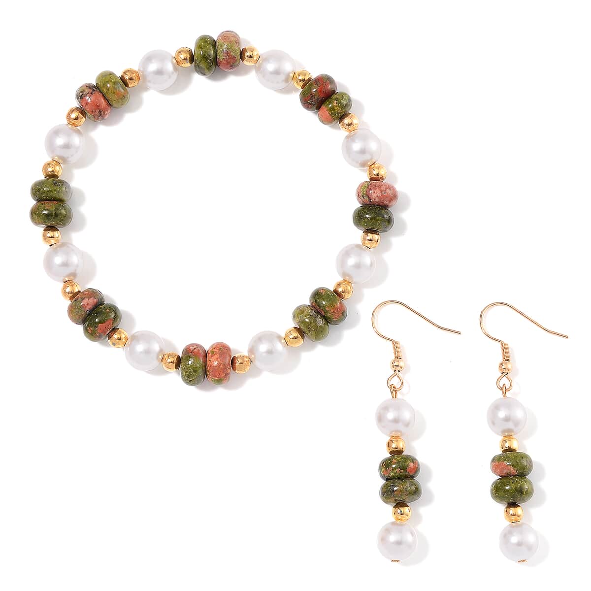 Unakite 50.00 ctw and White Shell Pearl Bracelet (6.50-7.0In) and Earrings in Goldtone image number 0