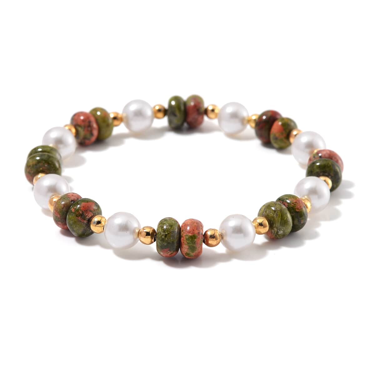 Unakite 50.00 ctw and White Shell Pearl Bracelet (6.50-7.0In) and Earrings in Goldtone image number 2