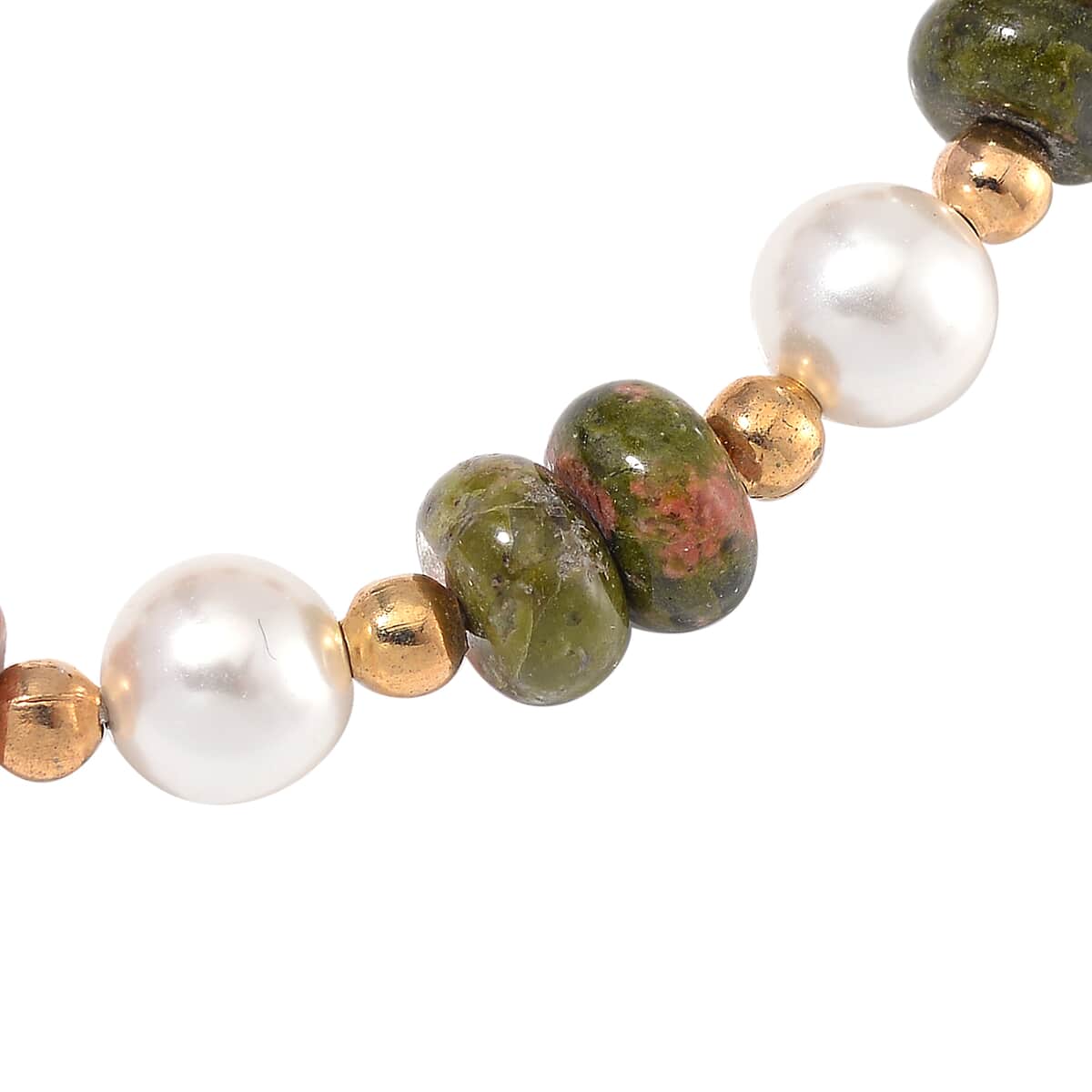 Unakite 50.00 ctw and White Shell Pearl Bracelet (6.50-7.0In) and Earrings in Goldtone image number 3