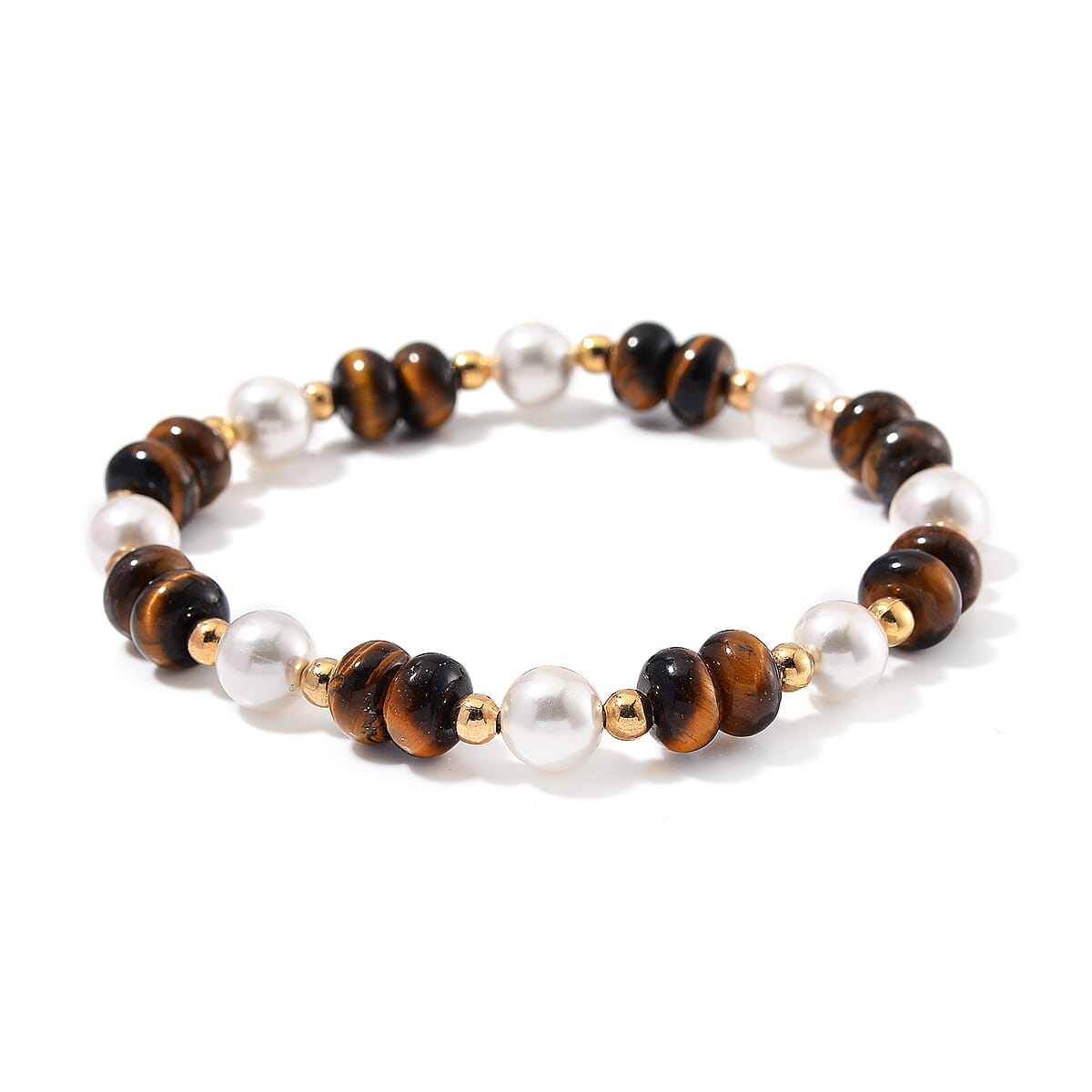 Tigers Eye 50.00 ctw and White Shell Pearl Bracelet (6.50-7.0In) and Earrings in Goldtone image number 2