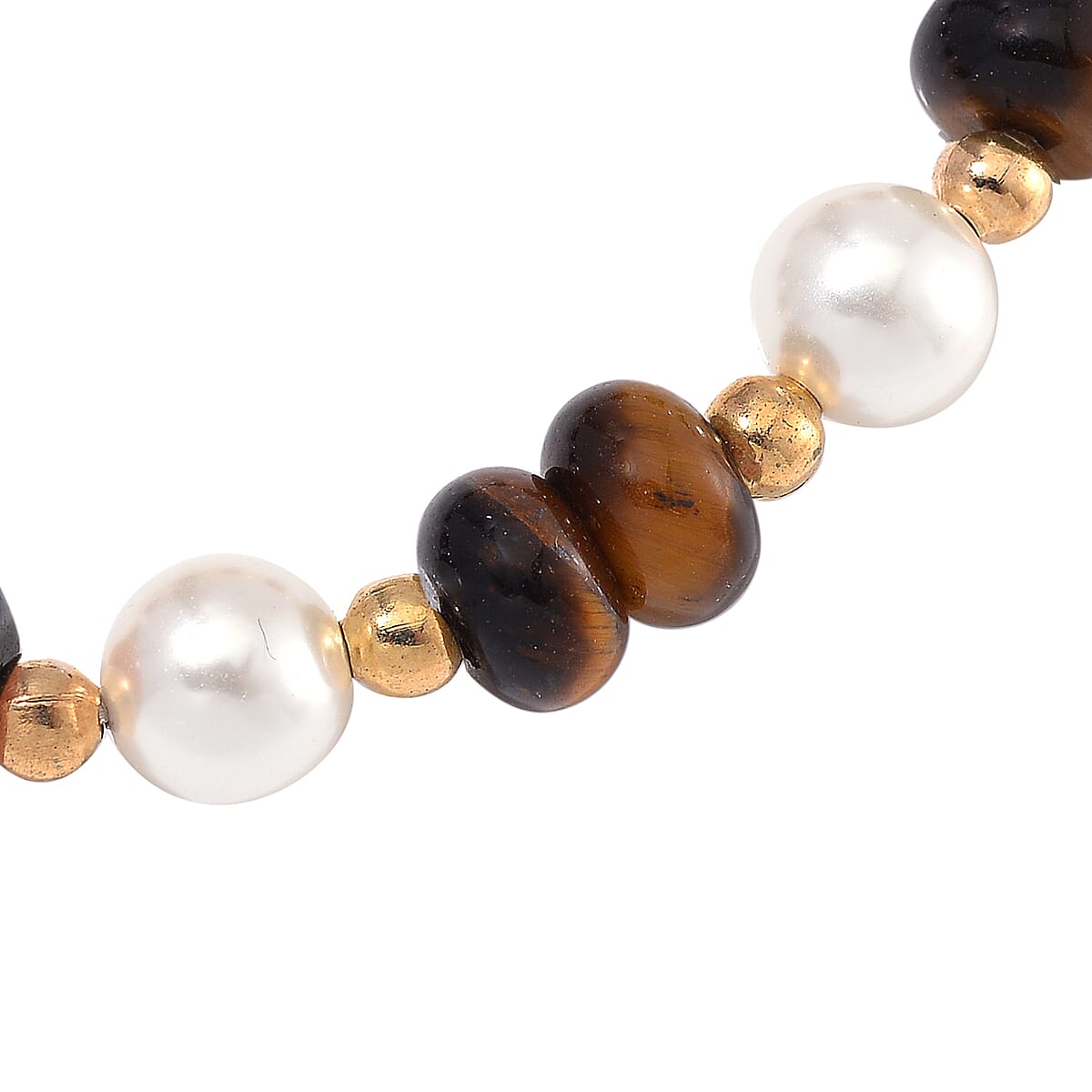 Tigers Eye 50.00 ctw and White Shell Pearl Bracelet (6.50-7.0In) and Earrings in Goldtone image number 3