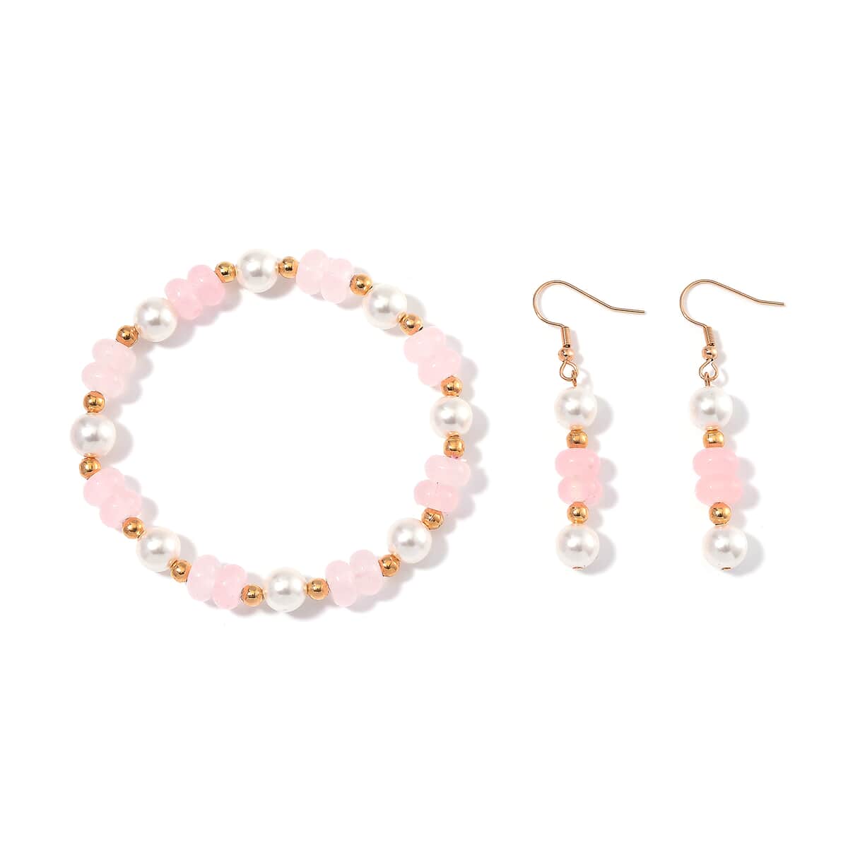 Galilea Rose Quartz 50.00 ctw and White Shell Pearl Bracelet (6.50-7.0In) and Earrings in Goldtone image number 0