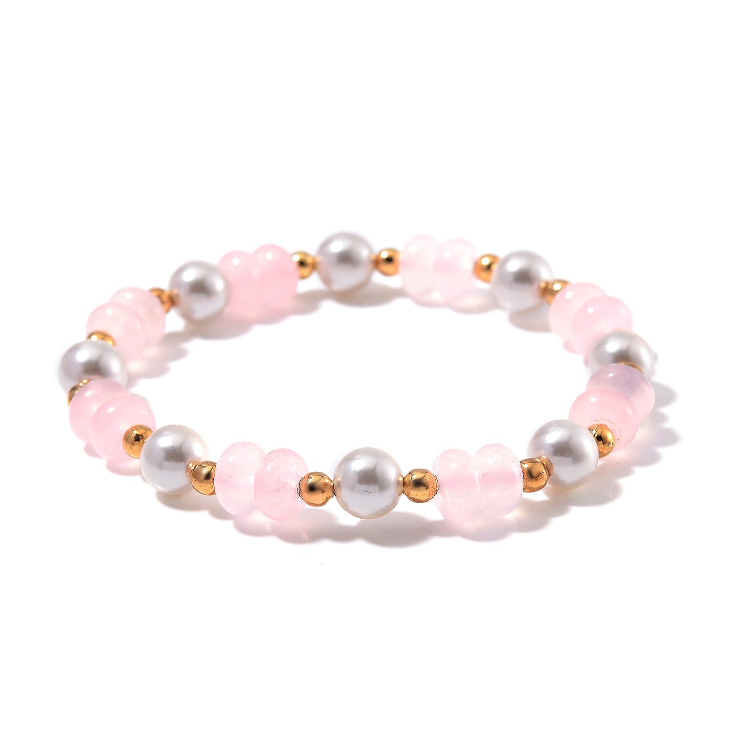 Galilea Rose Quartz 50.00 ctw and White Shell Pearl Bracelet (6.50-7.0In) and Earrings in Goldtone