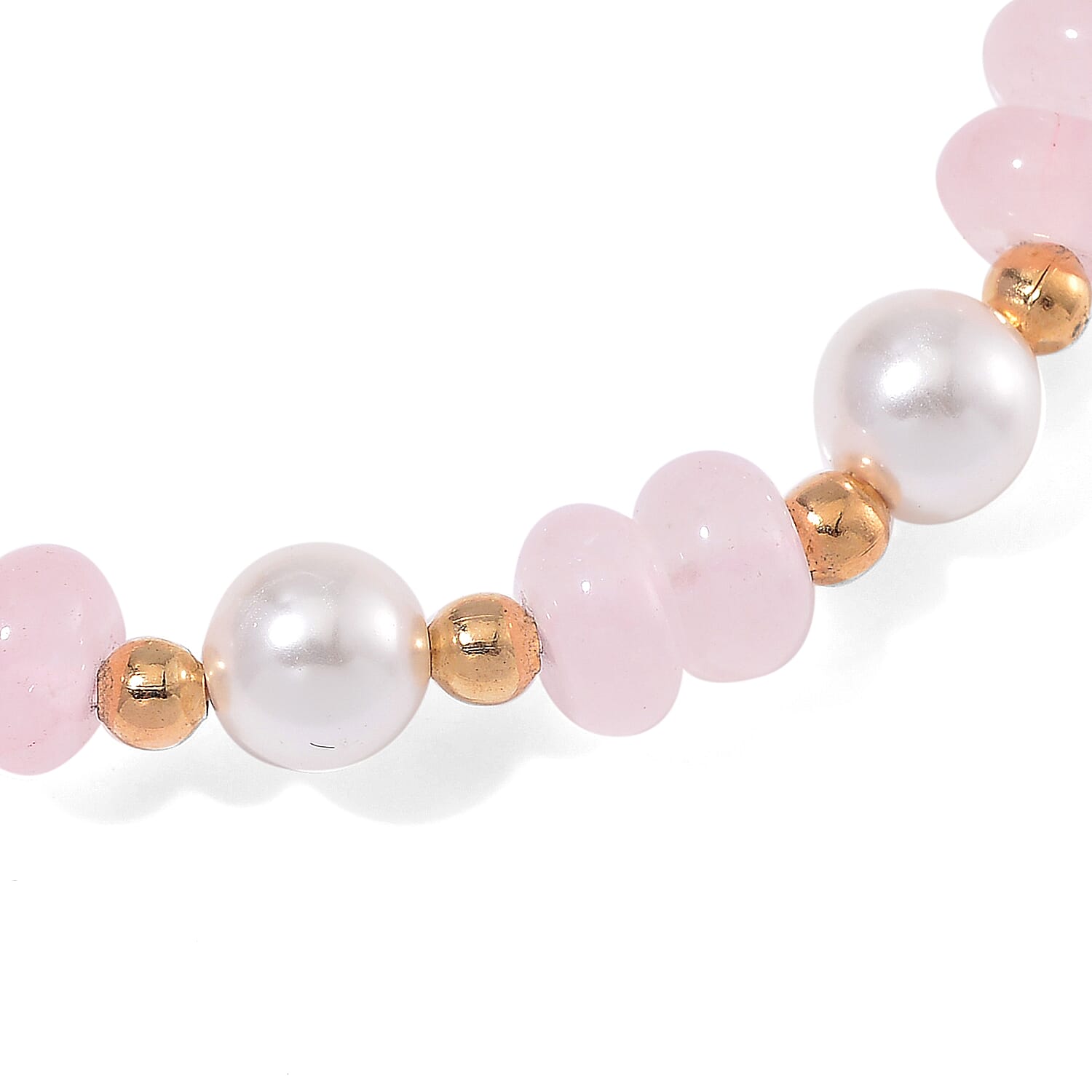 Galilea Rose Quartz 50.00 ctw and White Shell Pearl Bracelet (6.50-7.0In) and Earrings in Goldtone