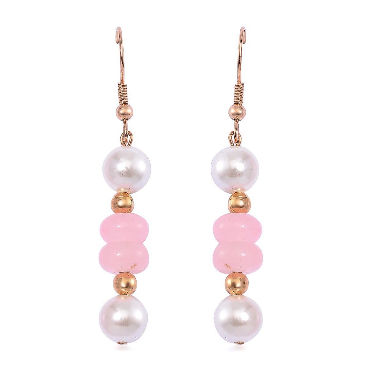 Galilea Rose Quartz 50.00 ctw and White Shell Pearl Bracelet (6.50-7.0In) and Earrings in Goldtone