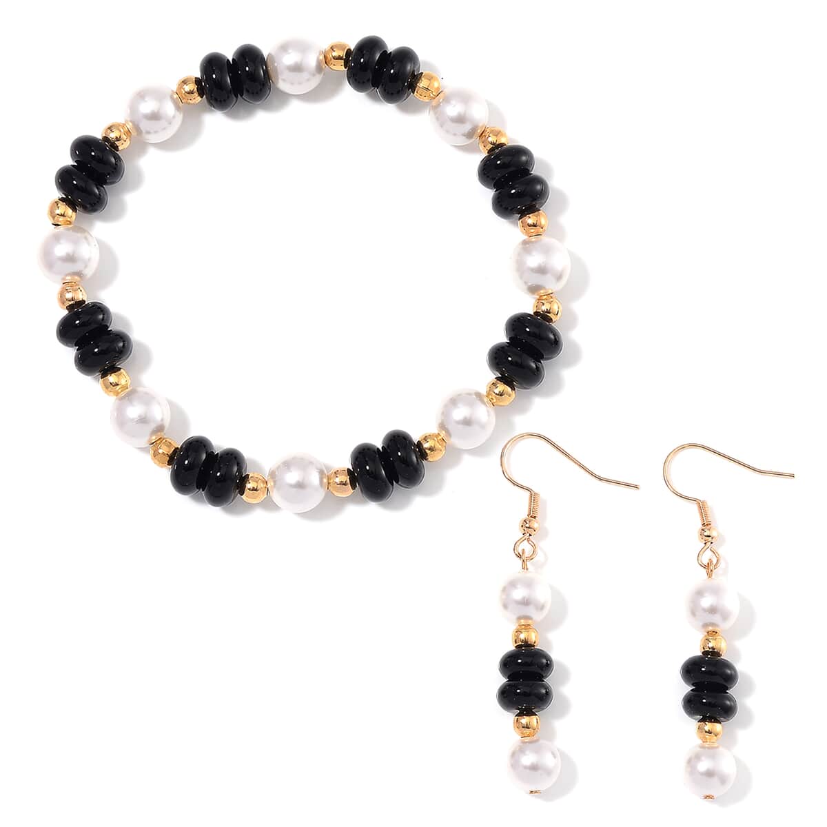 Black Obsidian 50.00 ctw and White Shell Pearl Bracelet (6.50-7.0In) and Earrings in Goldtone image number 0