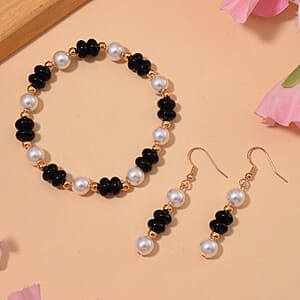 Black Obsidian 50.00 ctw and White Shell Pearl Bracelet (6.50-7.0In) and Earrings in Goldtone
