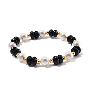 Black Obsidian 50.00 ctw and White Shell Pearl Bracelet (6.50-7.0In) and Earrings in Goldtone