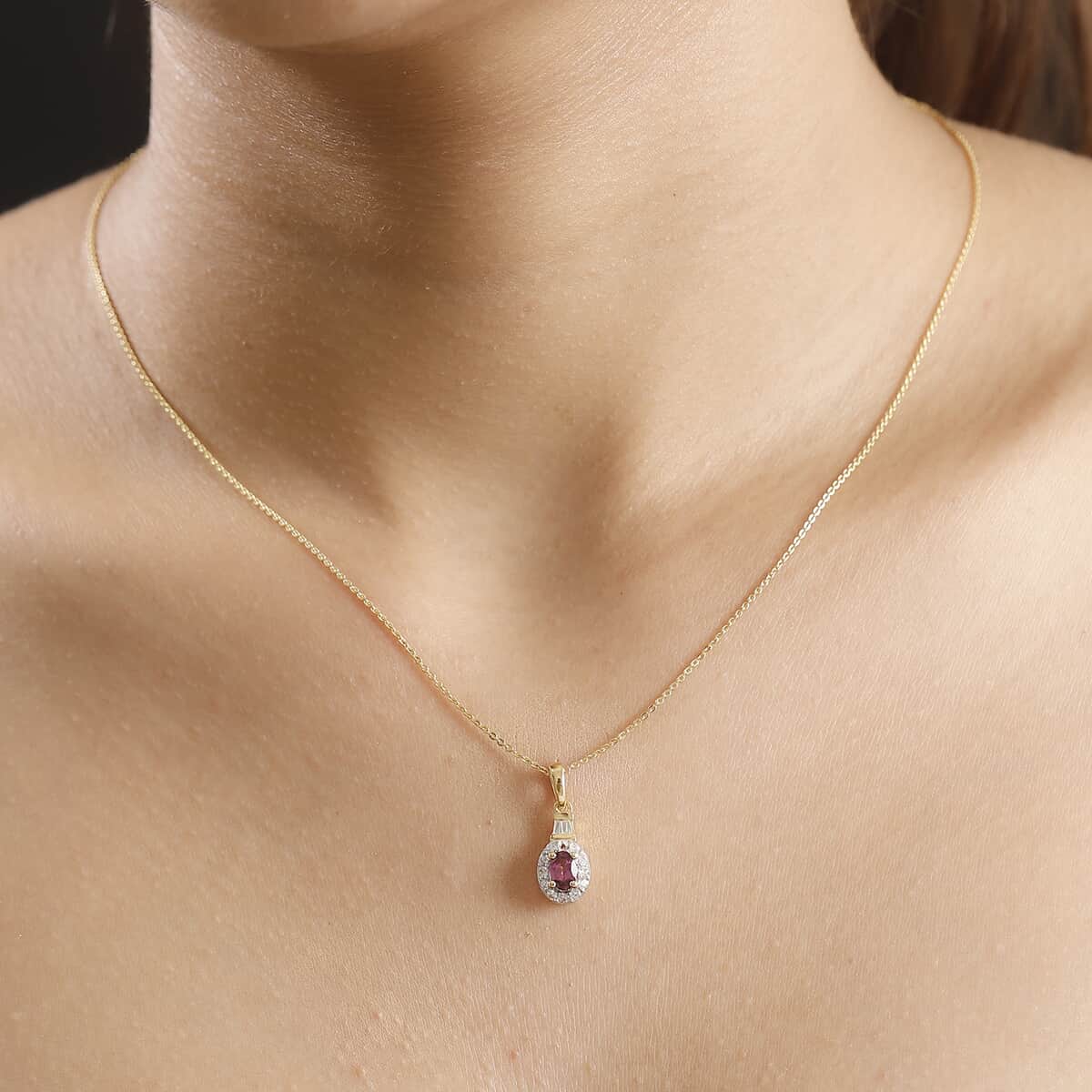 Radiant Ember Garnet and White Zircon 1.00 ctw Pendant Necklace in 18K Vermeil Yellow Gold Over Sterling Silver 20 Inches image number 2