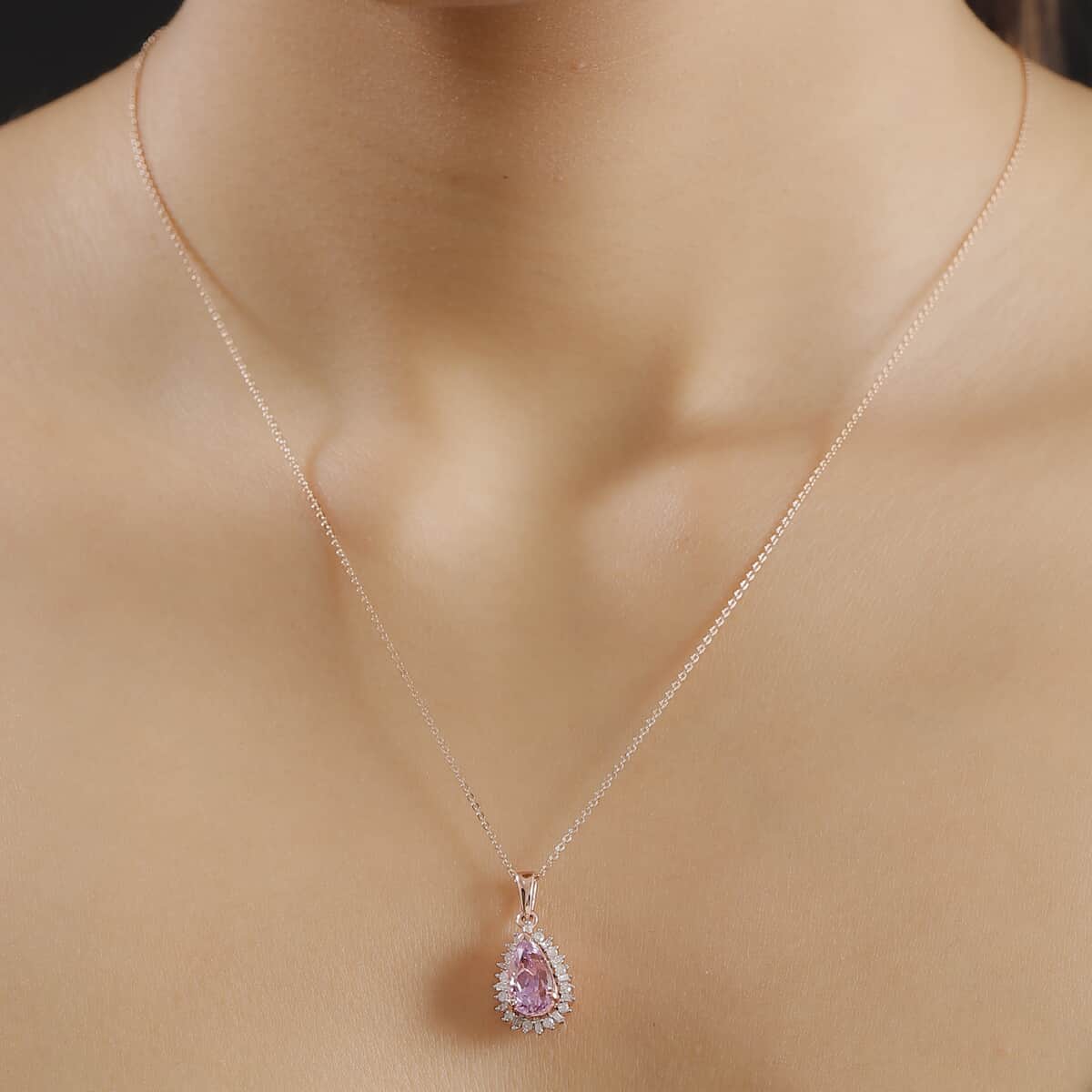 Patroke Kunzite and White Diamond 3.85 ctw Twilight Teardrop Pendant Necklace in 18K Vermeil Rose Gold Over Sterling Silver 20 Inches image number 2