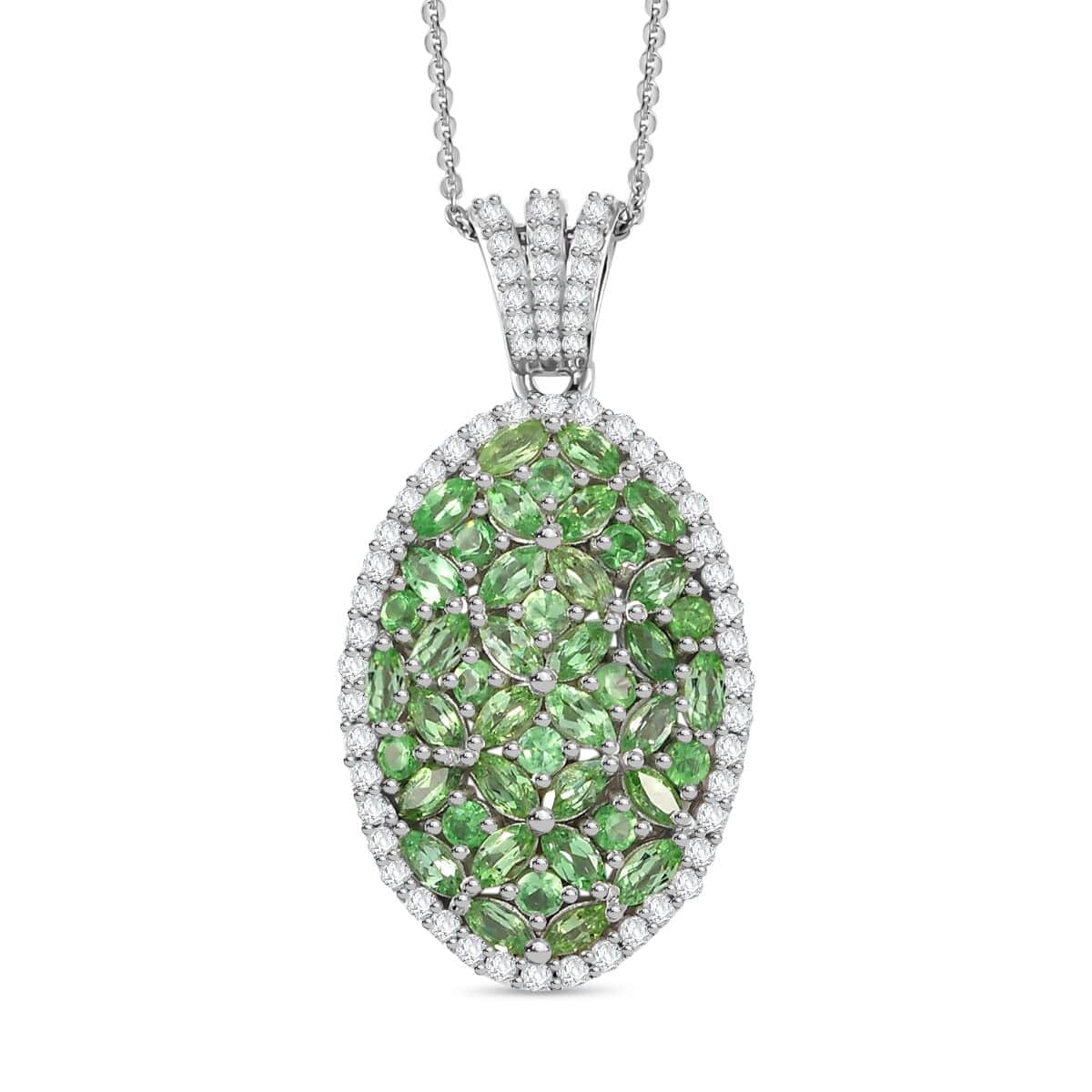 Doorbuster Tsavorite Garnet and White Zircon 4.00 ctw Bunch of Flower Pendant Necklace in Rhodium Over Sterling Silver 20 Inches image number 0