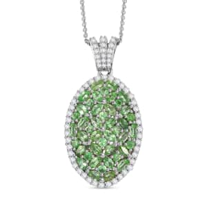 Doorbuster Tsavorite Garnet and White Zircon 4.00 ctw Bunch of Flower Pendant Necklace in Rhodium Over Sterling Silver 20 Inches