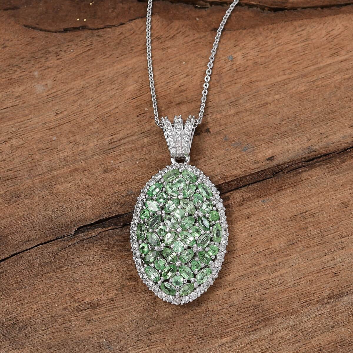 Doorbuster Tsavorite Garnet and White Zircon 4.00 ctw Bunch of Flower Pendant Necklace in Rhodium Over Sterling Silver 20 Inches image number 1