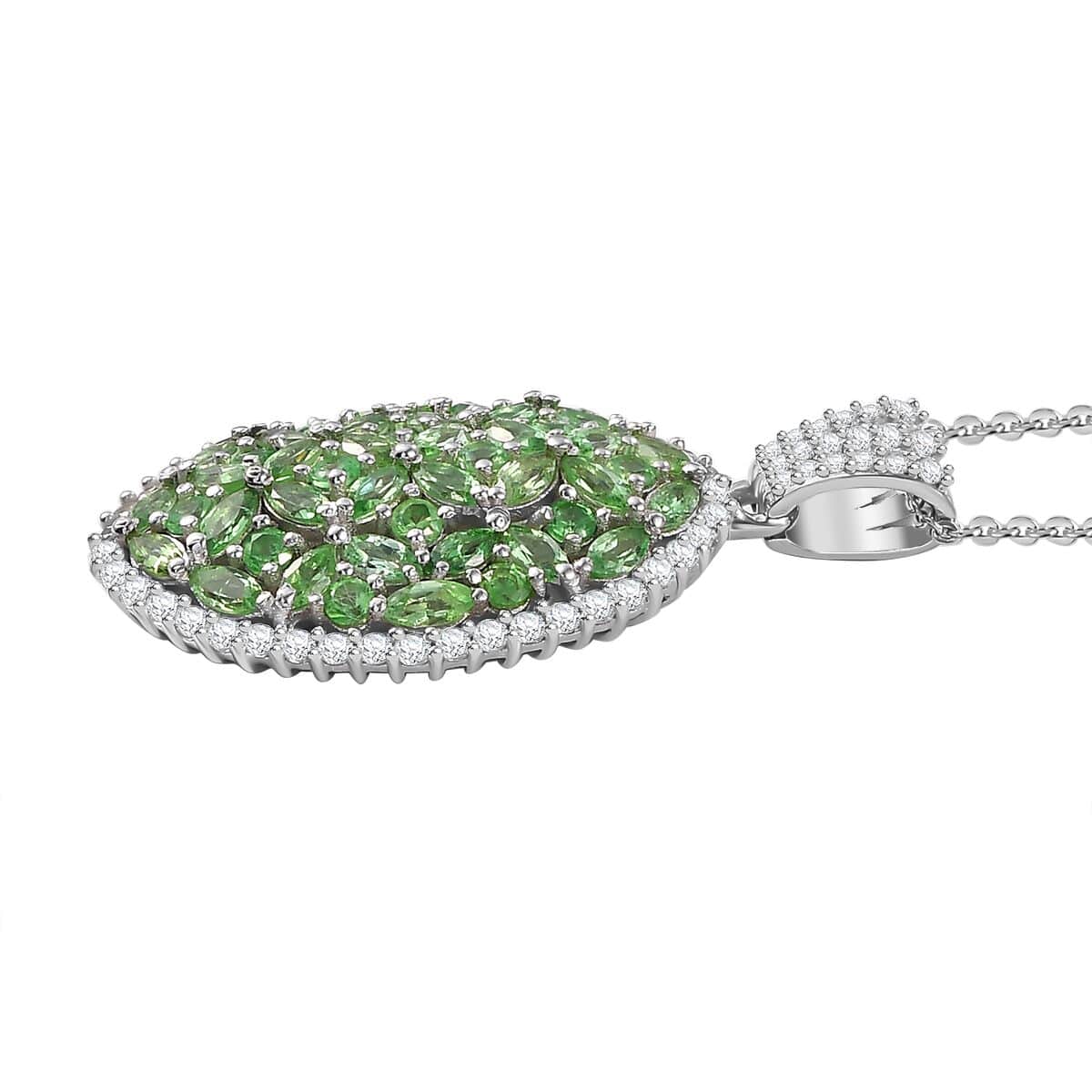 Doorbuster Tsavorite Garnet and White Zircon 4.00 ctw Bunch of Flower Pendant Necklace in Rhodium Over Sterling Silver 20 Inches image number 3