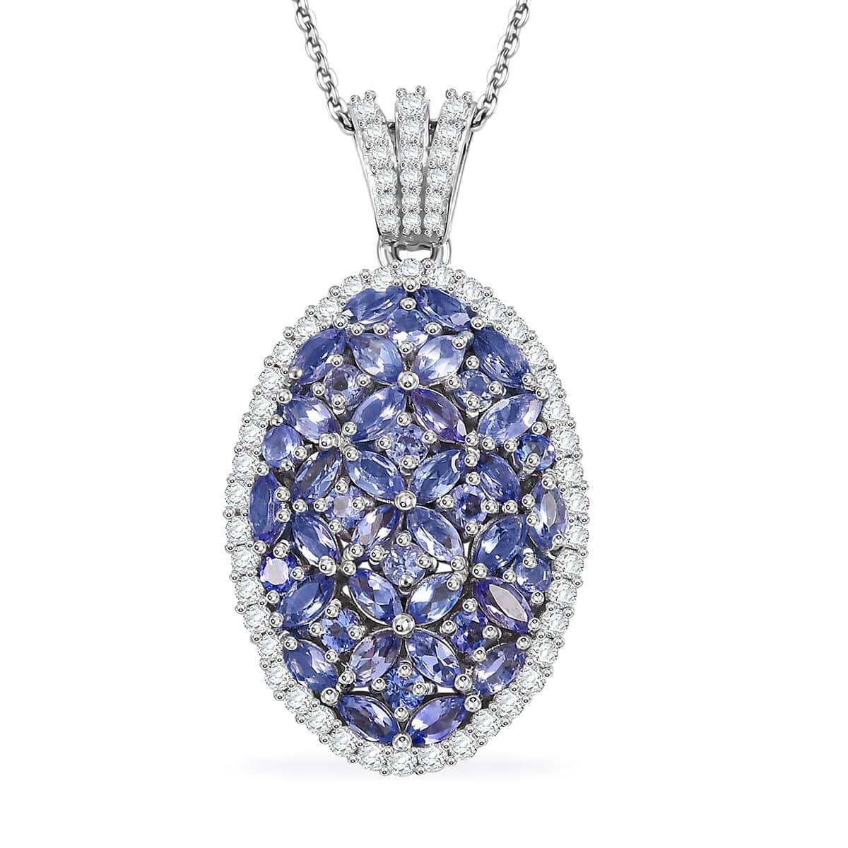 Doorbuster Tanzanite and White Zircon 4.30 ctw Bunch of Flower Pendant Necklace in Rhodium Over Sterling Silver 20 Inches image number 0