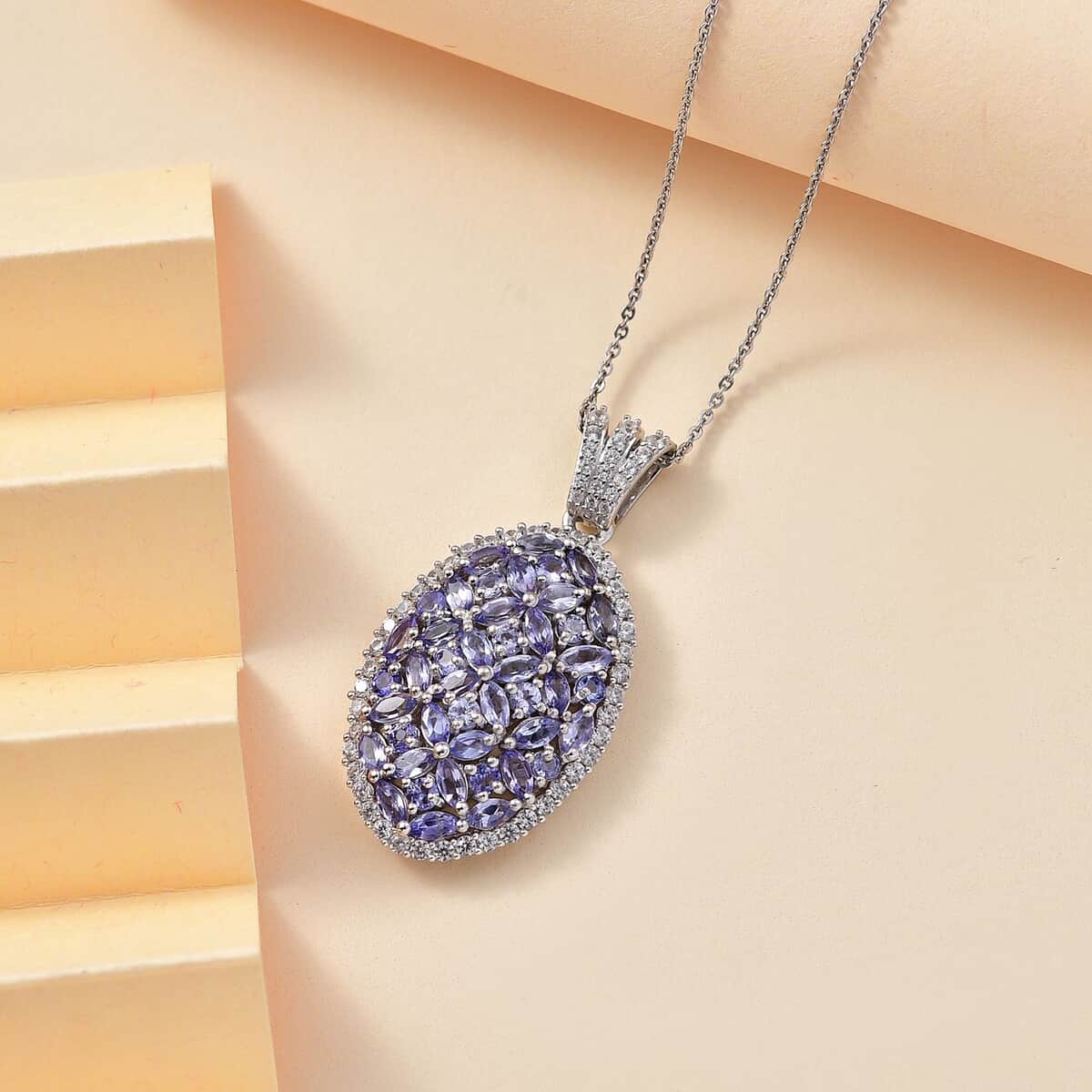 Doorbuster Tanzanite and White Zircon 4.30 ctw Bunch of Flower Pendant Necklace in Rhodium Over Sterling Silver 20 Inches image number 1