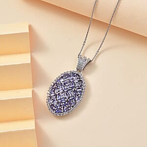 Tanzanite and White Zircon 4.30 ctw Bunch of Flower Pendant Necklace in Rhodium Over Sterling Silver 20 Inches