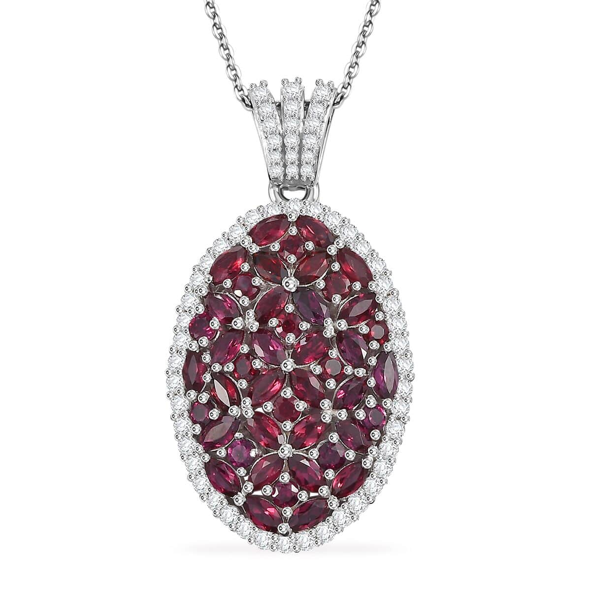 Doorbuster Anthill Garnet and White Zircon 4.90 ctw Bunch of Flower Pendant Necklace in Rhodium Over Sterling Silver 20 Inches image number 0