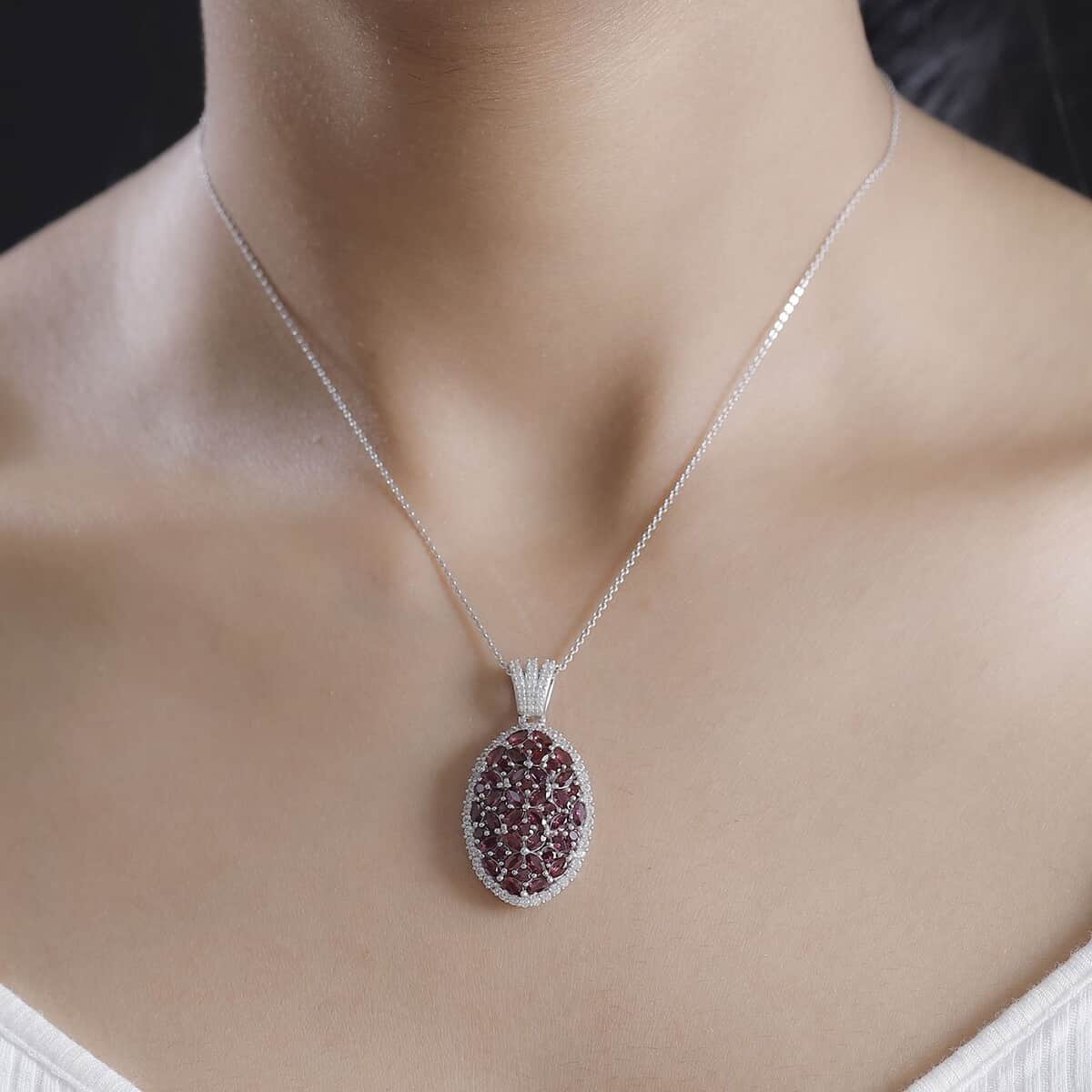 Doorbuster Anthill Garnet and White Zircon 4.90 ctw Bunch of Flower Pendant Necklace in Rhodium Over Sterling Silver 20 Inches image number 2