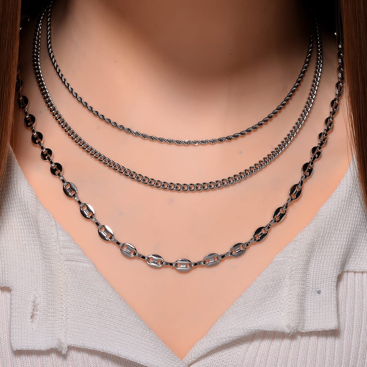 Set of 3 Chain Necklace in Stainless Steel (16, 18 & 22 Inches) image number 1