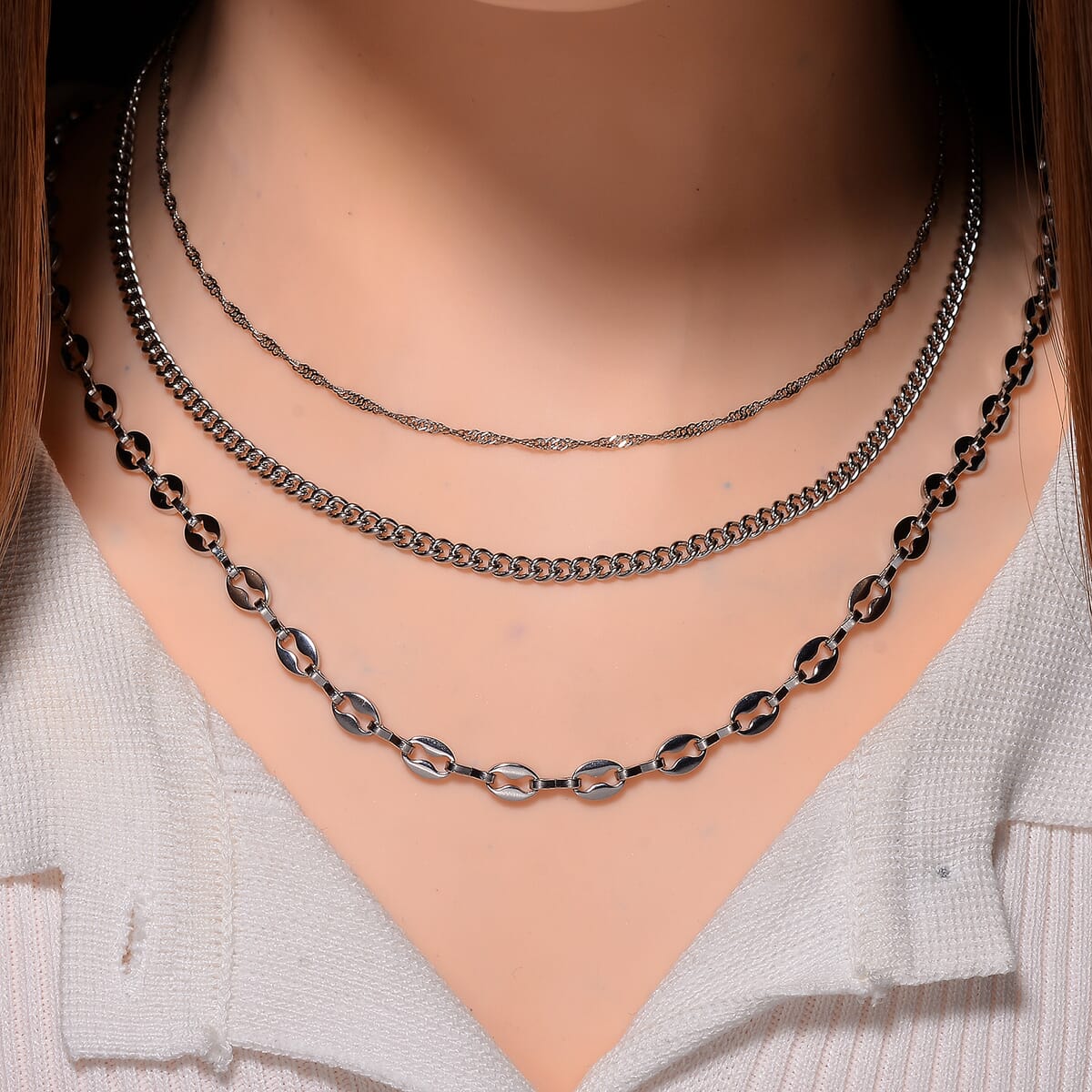 Set of 3 Chain Necklace in Stainless Steel (16, 18 & 22 Inches) image number 1