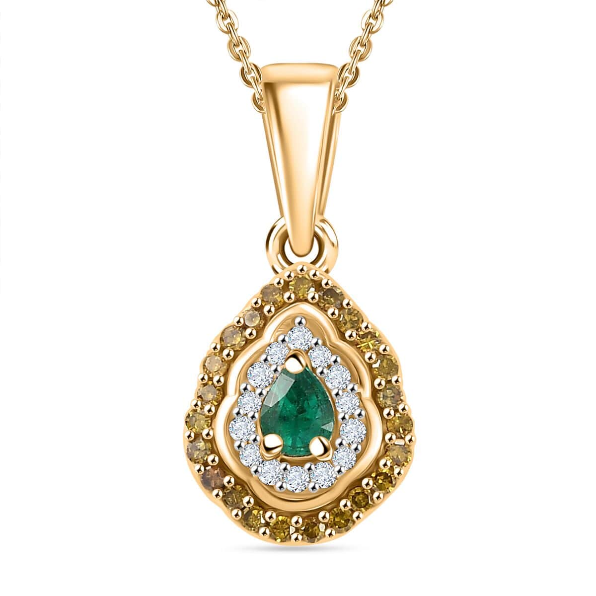 AAA Boyaca Colombian Emerald, White and Yellow Diamond 0.35 ctw Modern Glamour Pendant Necklace 20 Inches in 18K Vermeil Yellow Gold Over Sterling Silver image number 0