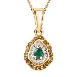 AAA Boyaca Colombian Emerald, White and Yellow Diamond 0.35 ctw Modern Glamour Pendant Necklace 20 Inches in 18K Vermeil Yellow Gold Over Sterling Silver