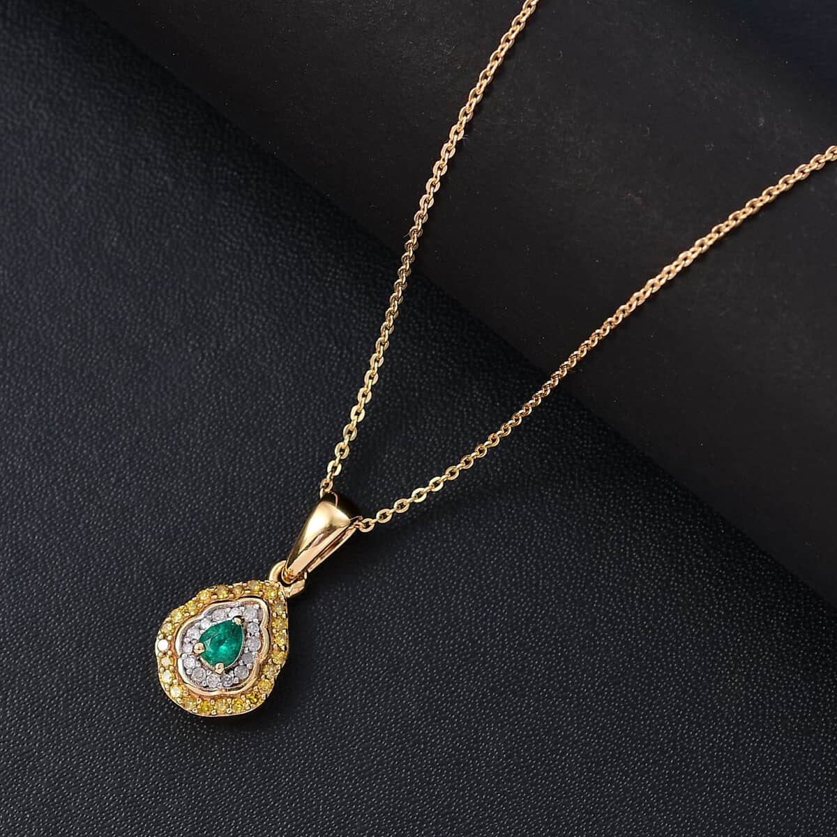 AAA Boyaca Colombian Emerald, White and Yellow Diamond 0.35 ctw Modern Glamour Pendant Necklace 20 Inches in 18K Vermeil Yellow Gold Over Sterling Silver image number 1