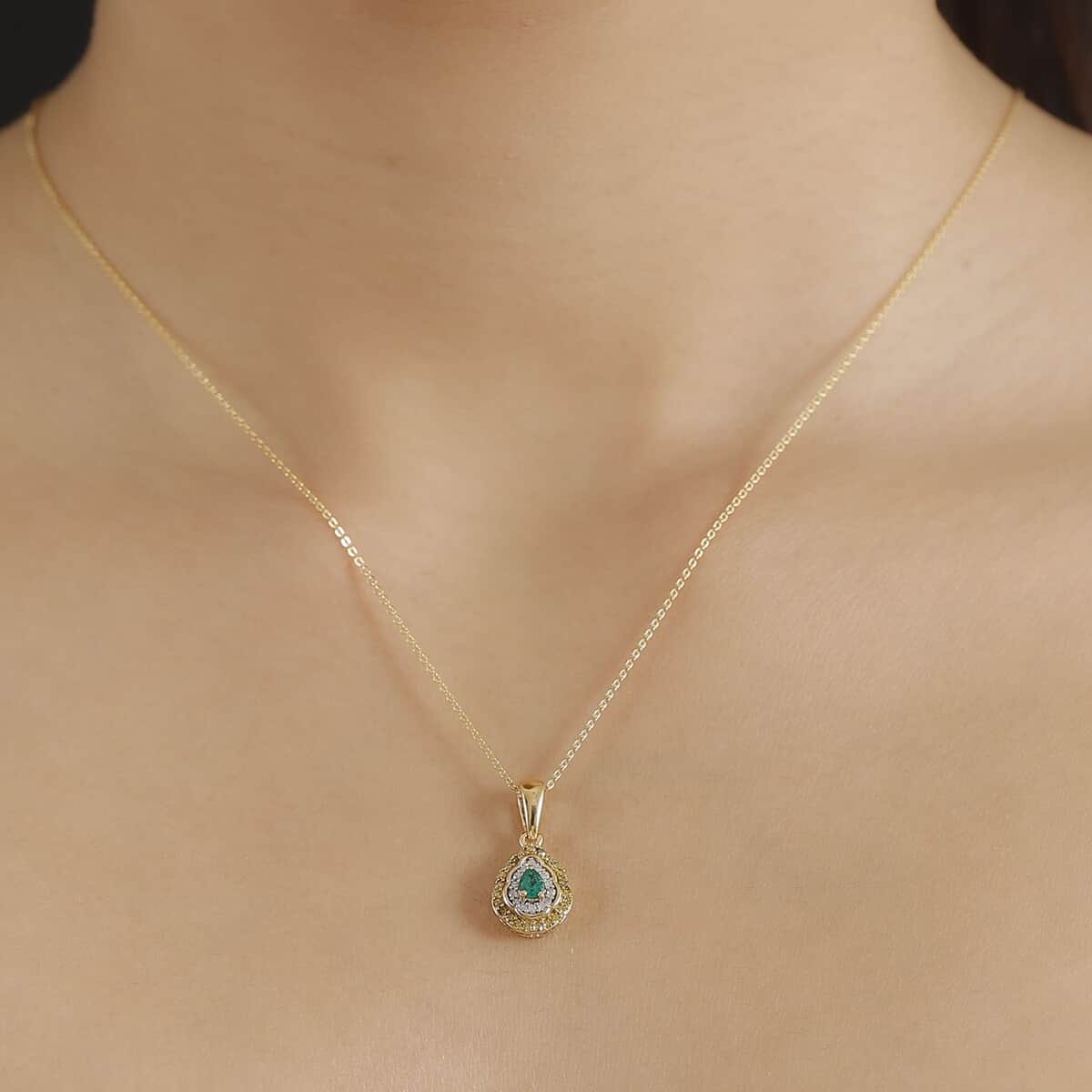 AAA Boyaca Colombian Emerald, White and Yellow Diamond 0.35 ctw Modern Glamour Pendant Necklace 20 Inches in 18K Vermeil Yellow Gold Over Sterling Silver image number 2