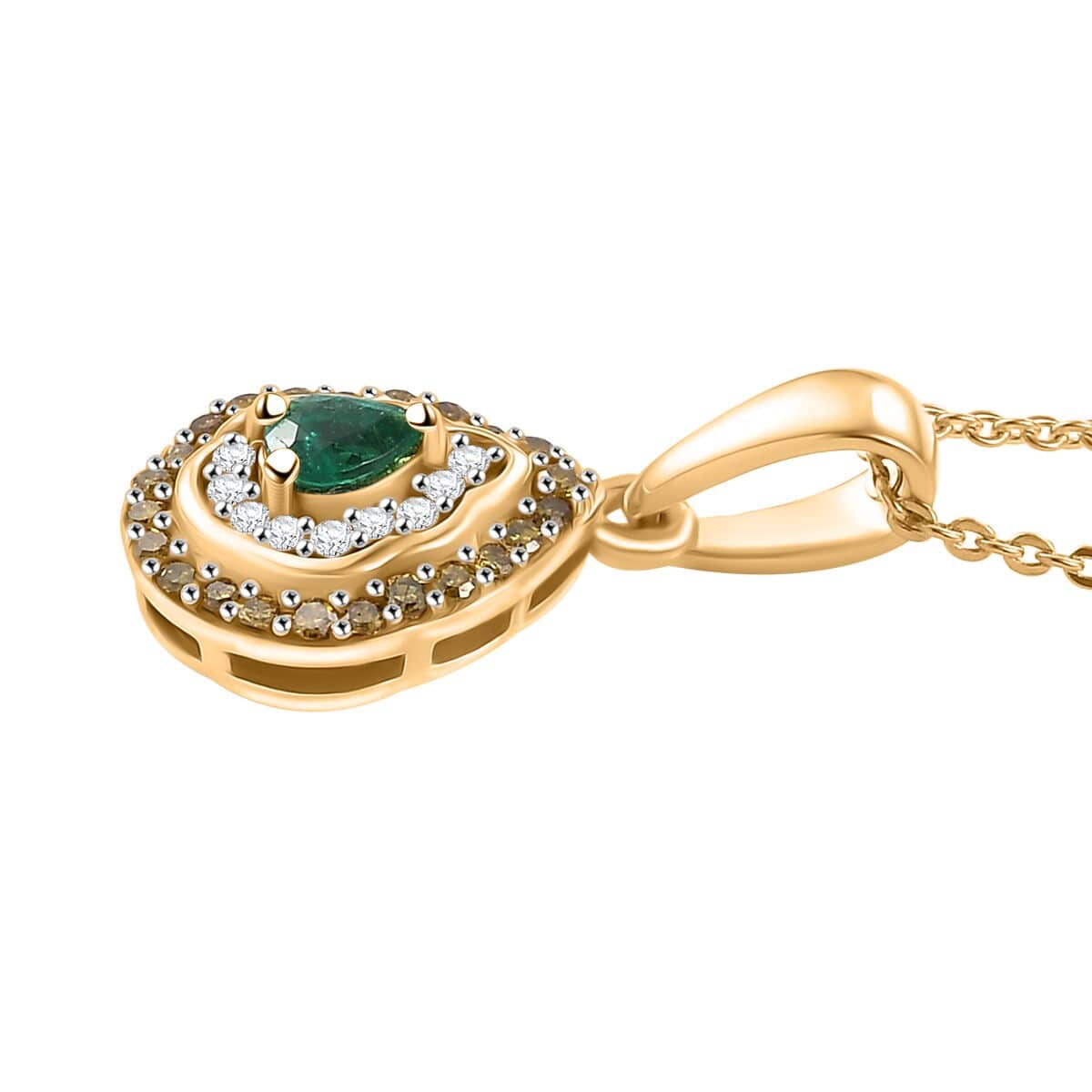 AAA Boyaca Colombian Emerald, White and Yellow Diamond 0.35 ctw Modern Glamour Pendant Necklace 20 Inches in 18K Vermeil Yellow Gold Over Sterling Silver image number 3