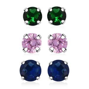 Set of 3 Simulated Pink, Green and Blue Diamond 4.80 ctw Stud Earrings in Sterling Silver