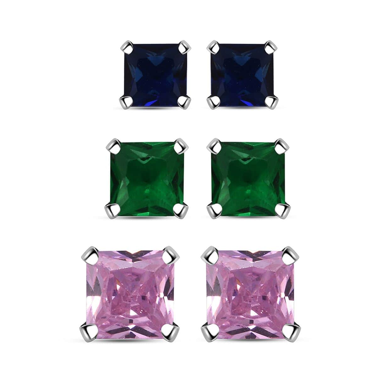 Set of 3 Simulated Pink, Green and Blue Diamond 7.30 ctw Stud Earrings in Sterling Silver image number 0