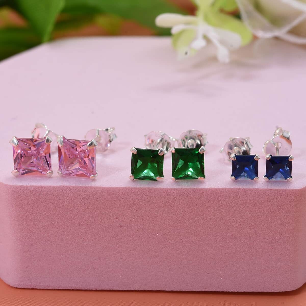 Set of 3 Simulated Pink, Green and Blue Diamond 7.30 ctw Stud Earrings in Sterling Silver image number 1