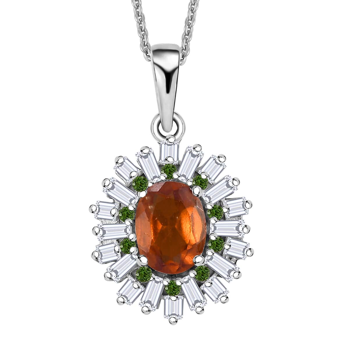 Ceylon Hessonite Garnet and Multi Gemstone 2.00 ctw Sunburst Pendant Necklace 20 Inches in Rhodium Over Sterling Silver image number 0