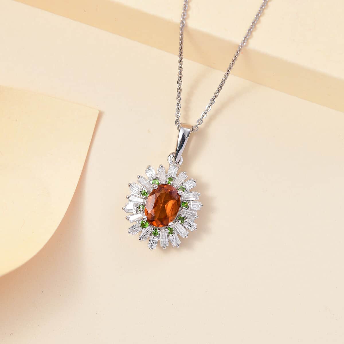 Ceylon Hessonite Garnet and Multi Gemstone 2.00 ctw Sunburst Pendant Necklace 20 Inches in Rhodium Over Sterling Silver image number 1