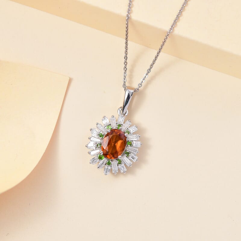 Ceylon Hessonite Garnet and Multi Gemstone 2.00 ctw Sunburst Pendant Necklace 20 Inches in Rhodium Over Sterling Silver