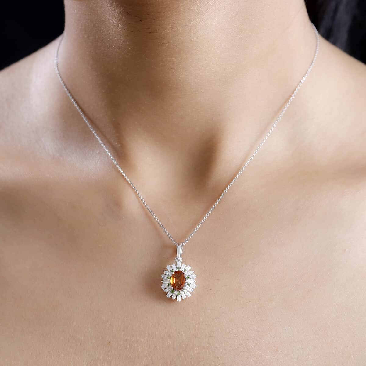 Ceylon Hessonite Garnet and Multi Gemstone 2.00 ctw Sunburst Pendant Necklace 20 Inches in Rhodium Over Sterling Silver image number 2