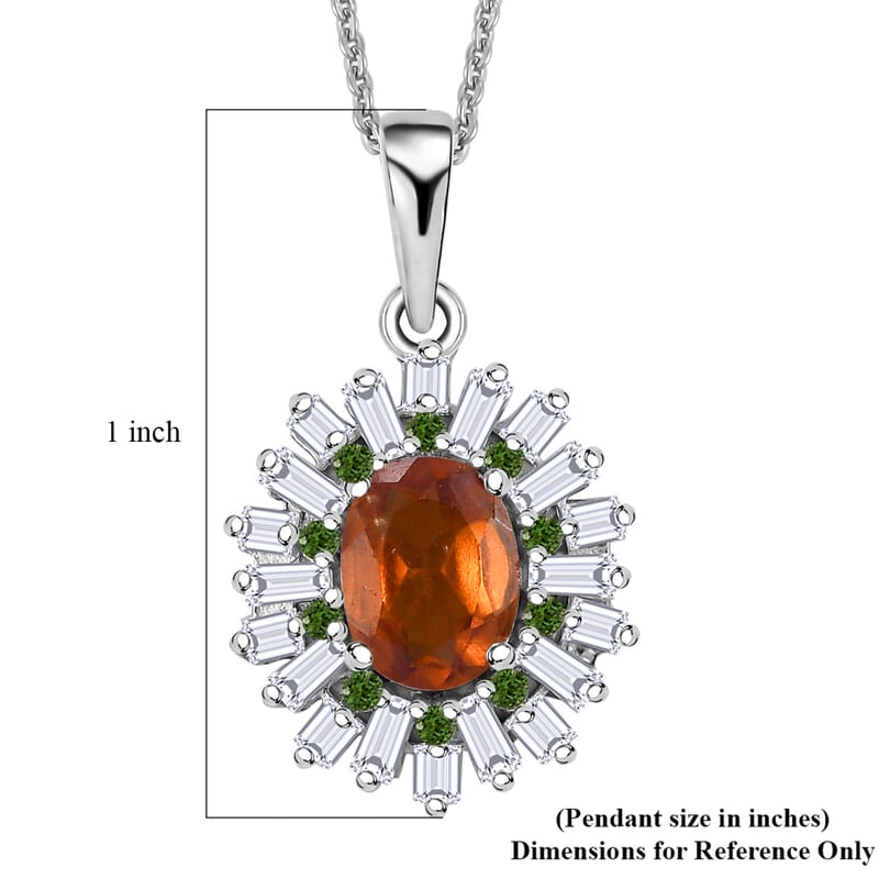Ceylon Hessonite Garnet and Multi Gemstone 2.00 ctw Sunburst Pendant Necklace 20 Inches in Rhodium Over Sterling Silver