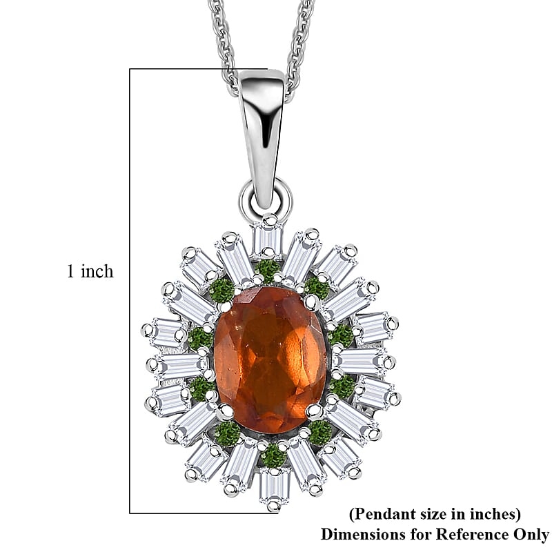 Ceylon Hessonite Garnet and Multi Gemstone 2.00 ctw Sunburst Pendant Necklace 20 Inches in Rhodium Over Sterling Silver