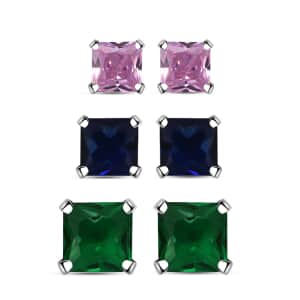 Set of 3 Simulated Green, Blue and Pink Diamond 7.30 ctw Stud Earrings in Sterling Silver