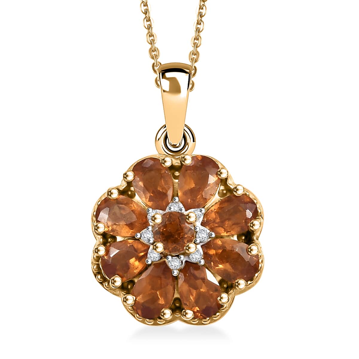 Ceylon Hessonite Garnet and White Zircon 2.25 ctw Floral Pendant Necklace in 18K Vermeil Yellow Gold Over Sterling Silver 20 Inches image number 0