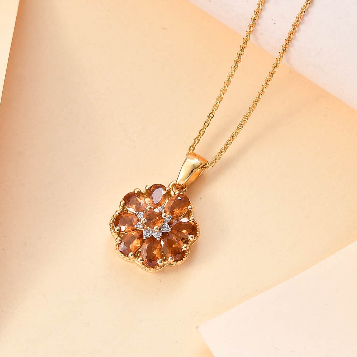 Ceylon Hessonite Garnet and White Zircon 2.25 ctw Floral Pendant Necklace in 18K Vermeil Yellow Gold Over Sterling Silver 20 Inches image number 1