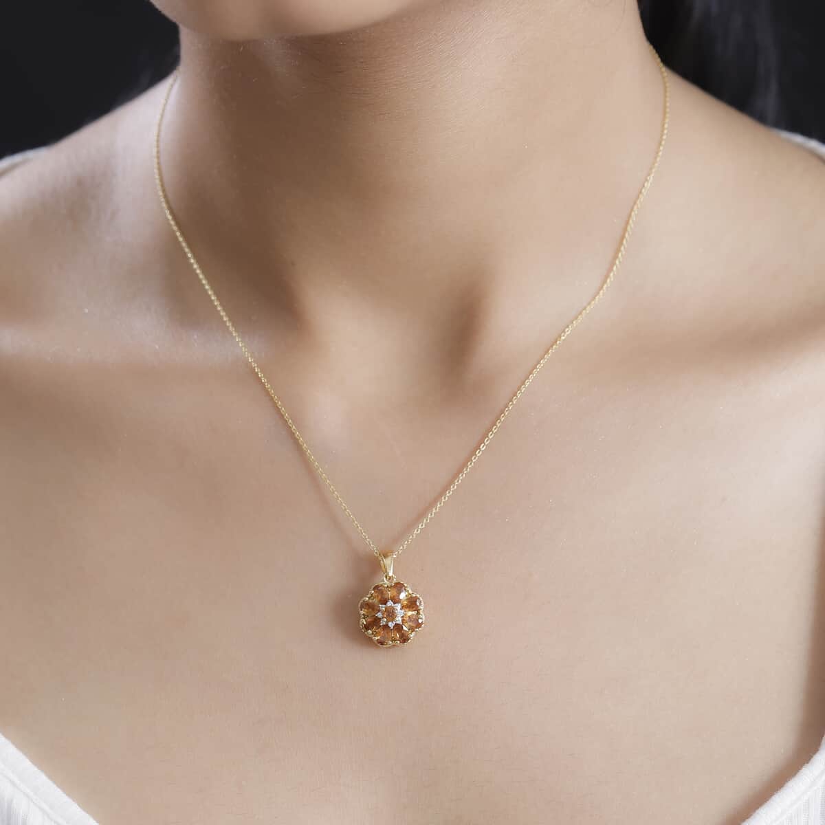 Ceylon Hessonite Garnet and White Zircon 2.25 ctw Floral Pendant Necklace in 18K Vermeil Yellow Gold Over Sterling Silver 20 Inches image number 2