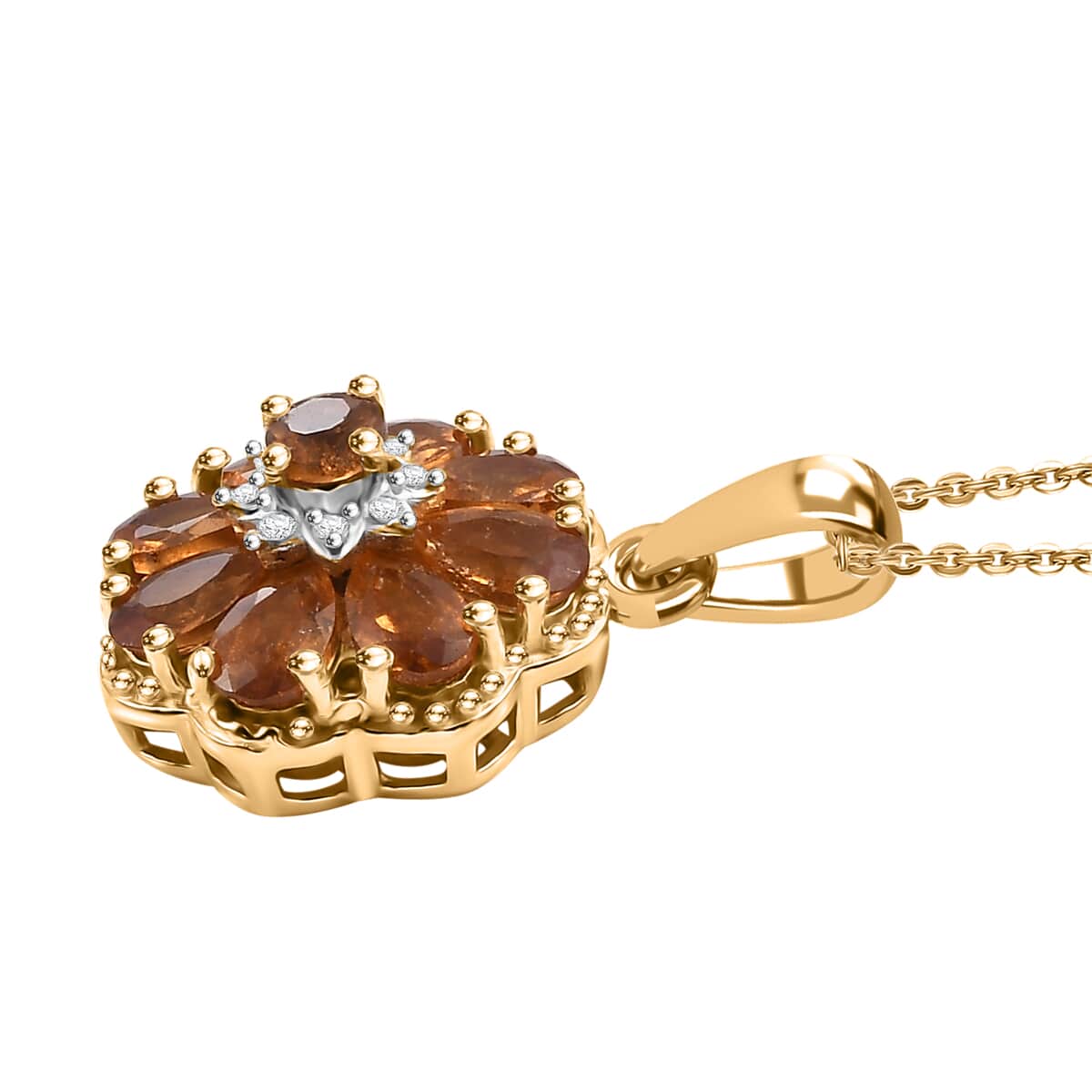 Ceylon Hessonite Garnet and White Zircon 2.25 ctw Floral Pendant Necklace in 18K Vermeil Yellow Gold Over Sterling Silver 20 Inches image number 3