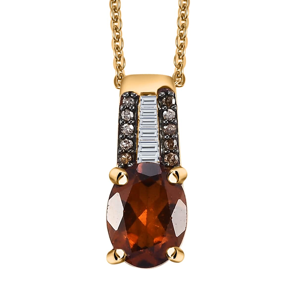 Ceylon Hessonite Garnet, Natural Champagne and White Diamond 2.00 ctw Bridge Pendant Necklace in 18K Vermeil Yellow Gold Over Sterling Silver 20 Inches image number 0