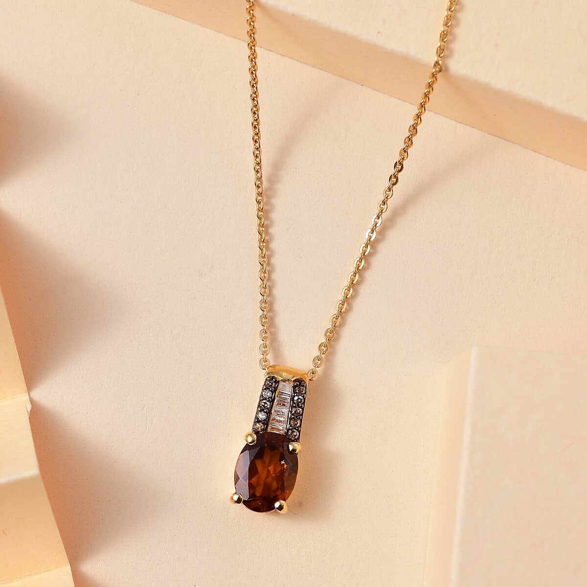 Ceylon Hessonite Garnet, Natural Champagne and White Diamond 2.00 ctw Bridge Pendant Necklace in 18K Vermeil Yellow Gold Over Sterling Silver 20 Inches image number 1