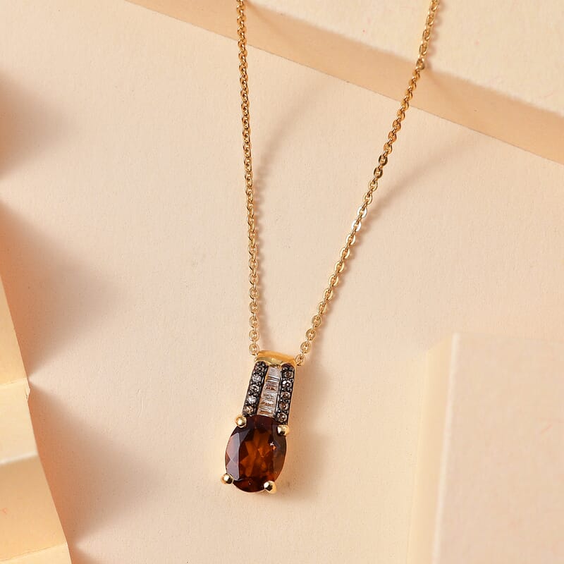 Ceylon Hessonite Garnet, Natural Champagne and White Diamond 2.00 ctw Bridge Pendant Necklace in 18K Vermeil Yellow Gold Over Sterling Silver 20 Inches