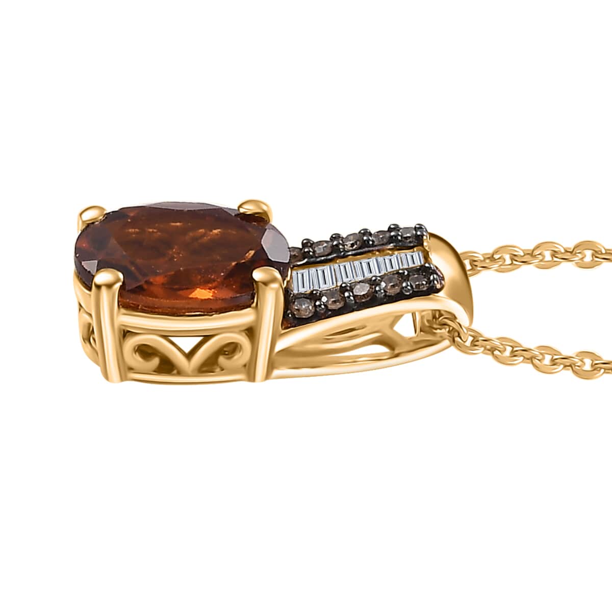 Ceylon Hessonite Garnet, Natural Champagne and White Diamond 2.00 ctw Bridge Pendant Necklace in 18K Vermeil Yellow Gold Over Sterling Silver 20 Inches image number 3