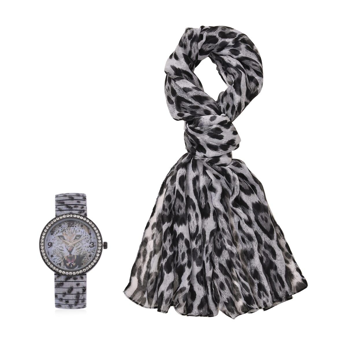Strada Austrian Crystal Japanse Movement Snow Leopard Stretch Bracelet Watch with Stainless Steel Strap and Matching Scarf image number 0